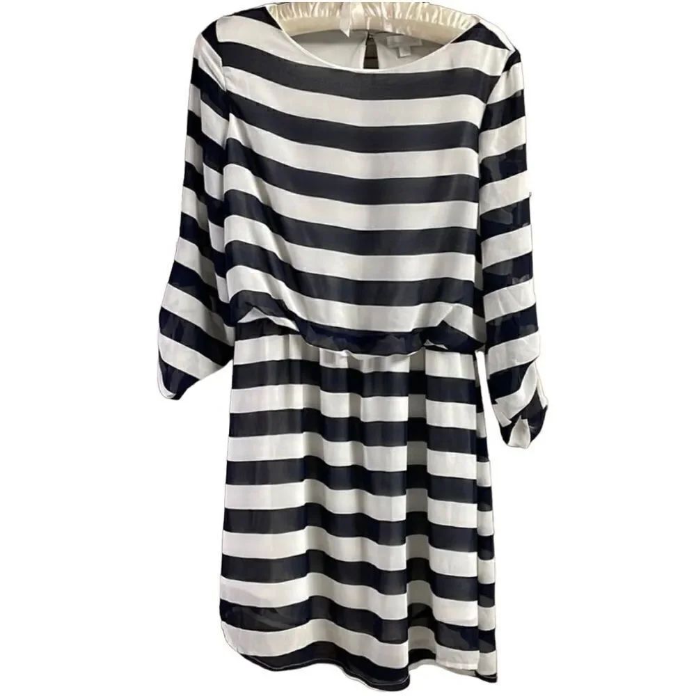 Charming Charlie Ladies Flowy Horizontal Striped Mini Dress, Size M, Black White